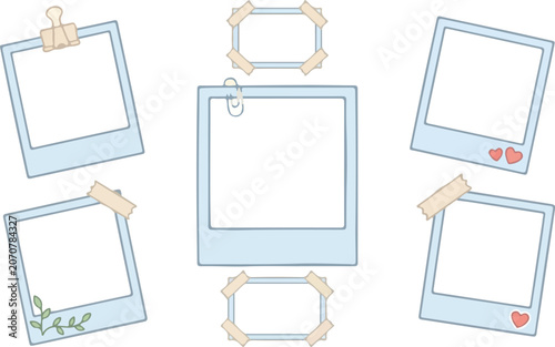 Cute Polaroid Photo Frame Vector Set, Pastel Scrapbook Frame Template with Washi Tape