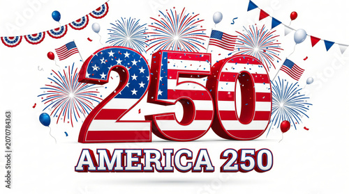 3D America 250 celebration concept with patriotic US flag text, fireworks, balloons, bunting and confetti on white background.