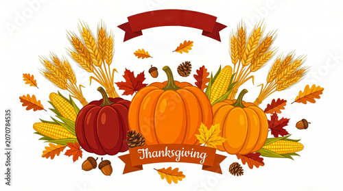 Thanksgiving autumn harvest composition with orange pumpkins, corn, wheat, fall leaves, and ribbon isolated on white.