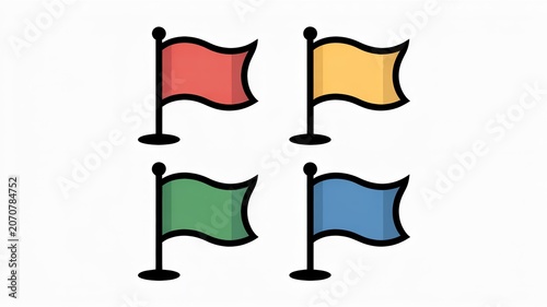 Four vibrant colorful map marker flag icons displayed in a simple grid pattern on white background