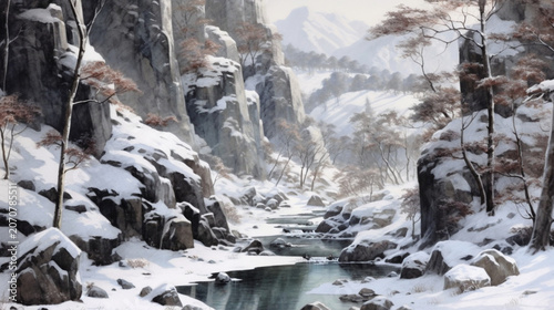 Winter Forest Valley in a Quiet Snowy Landscape