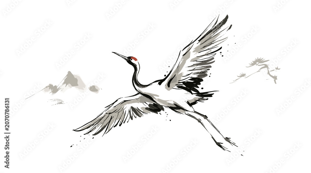Obraz premium Elegant flying crane in flight with wings spread wide, showcasing grace and freedom in nature