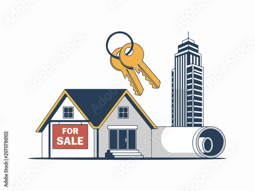 House and skyscraper with keys and For Sale sign representing real estate property investment and home buying concepts flat vector illustration