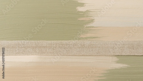 Textured abstract painting featuring horizontal layers of organic shapes in sage green and beige earth tones