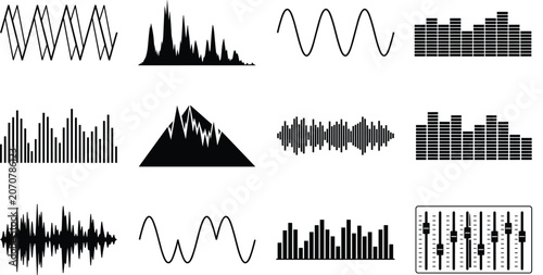 Konstfotografi Audio equalizer wave icon set featuring black minimal frequency bars soundwaves