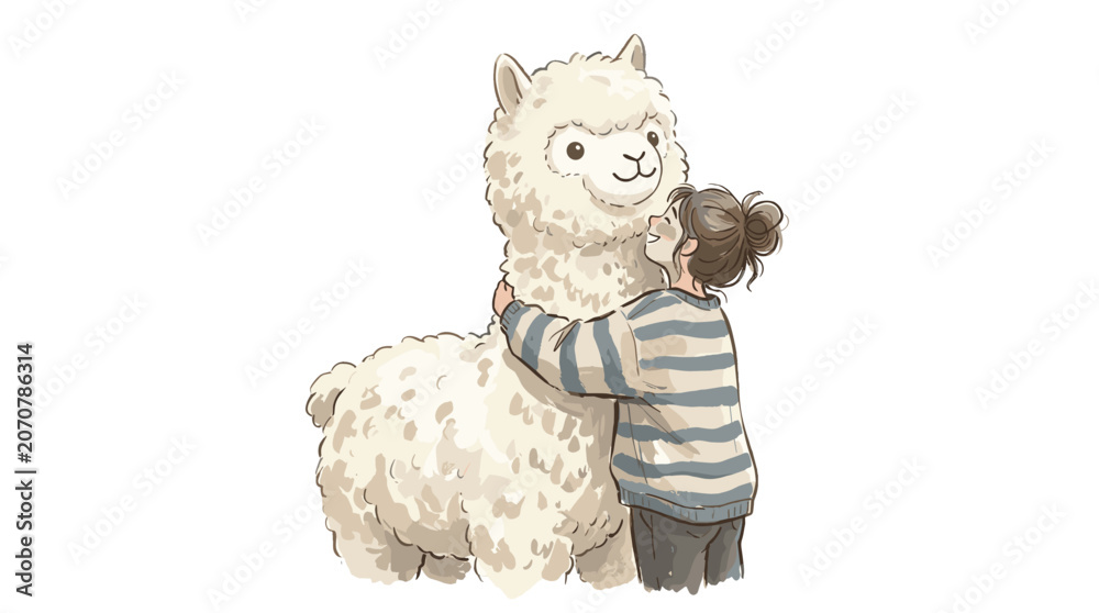 Obraz premium Cute child hugging a fluffy llama with a striped sweater