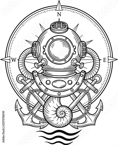 Fotografie Vintage diving helmet with compass and anchor line art illustration