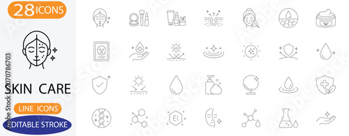 Skin care and beauty dermatology line icons. Vector cosmetic cream, serum bottle, and facial mask symbols with editable stroke.