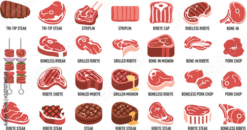 Photos Raw and grilled meat cuts icons set with ribeye steak tri-tip striplin pork chop