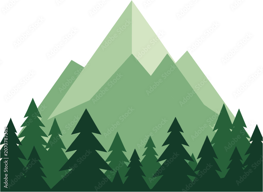 Fototapeta premium Tranquil Mountain Forest Landscape with Lush Green Trees and Peaks Silhouette