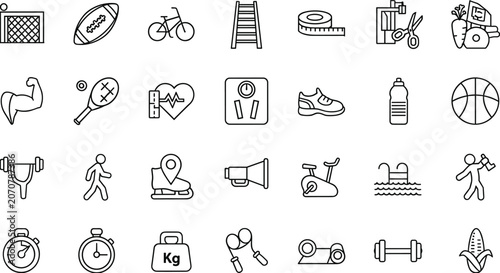 Fotografie Fitness gym and healthy lifestyle sports line icons set with dumbbell bicycle ba