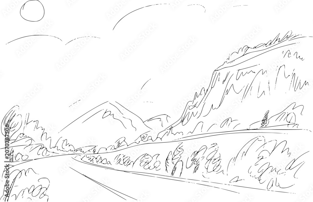 Obraz premium Of a scenic mountain road with sun and clouds