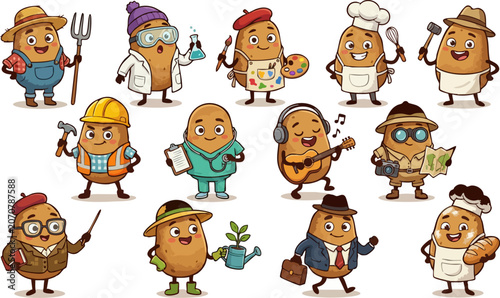 Foto Group of cartoon backpack characters with different jobs and hobbies Vector