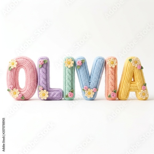 Knitted Crochet Style Letters OLIVIA with Flowers Pastel Colors.