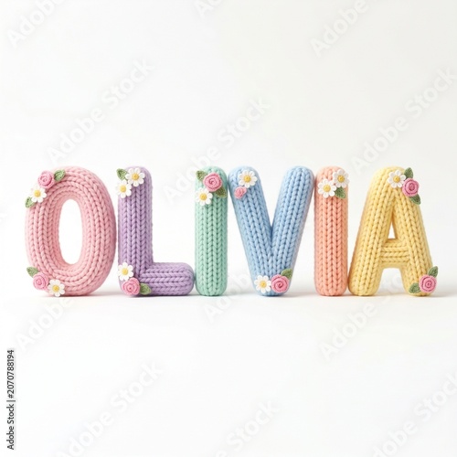 Knitted Crochet Style Letters OLIVIA with Flowers Pastel Colors.