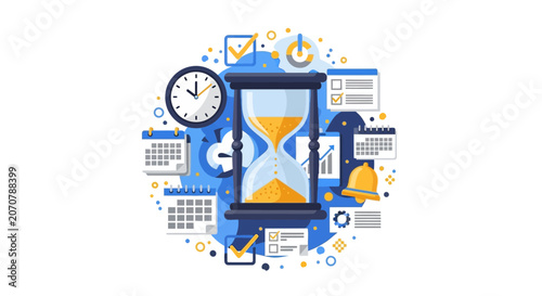 Time Management and Productivity Concept Illustration with Hourglass, Clock, and Calendar