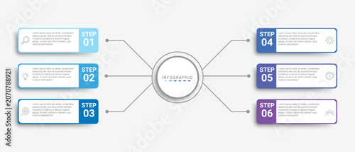 Fotografie Infographic template with six numbered steps and connecting arrows on a light gr