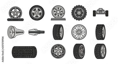 Black and white illustration of car tires and wheels.