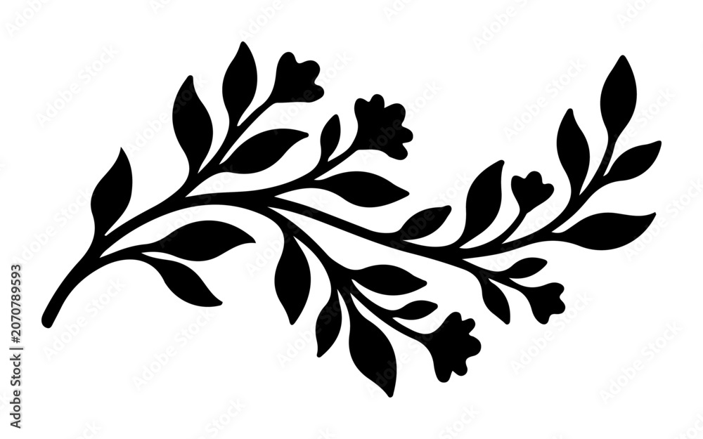 Fototapeta premium Black silhouette of a delicate floral branch with small flowers and leaves a simple vector illustration for decorative design elements and invitations