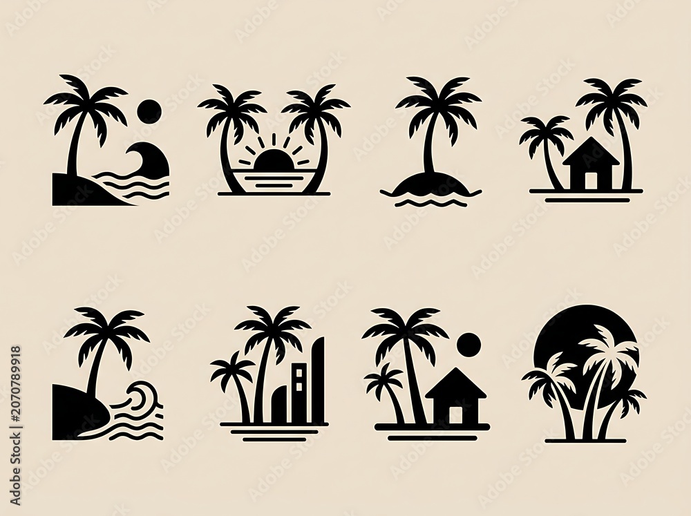Fototapeta premium Relaxing Tropical Beach Scene Minimalist Silhouette Vector Illustration