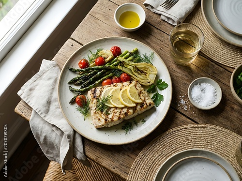 Grilled salmon fillet with green asparagus and cherry tomatoes served on a ceramic plate on a wooden table. grouper dinner