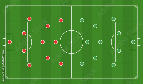 Soccer tactical pitch on green grass background with red and green team players. Football Pitch