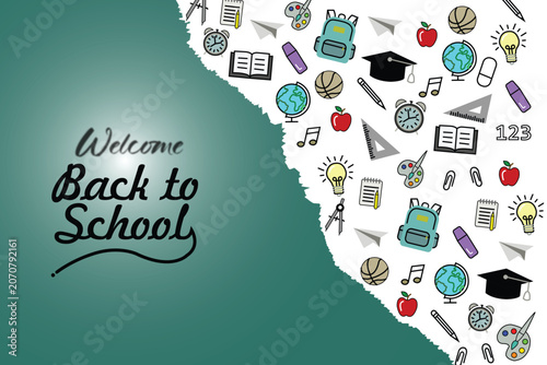 Welcome Back To School Creative Banner Template With Colorful Education Doodle Icons, Kids Learning Supplies And Classroom Elements Illustration