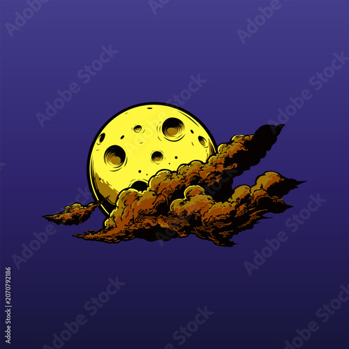 Vector illustration of a yellow moon covered by brown clouds on a dark night