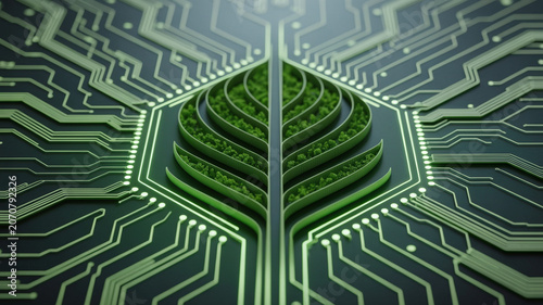 Digital leaf concept representing sustainable technology and green energy integration in circuit board design