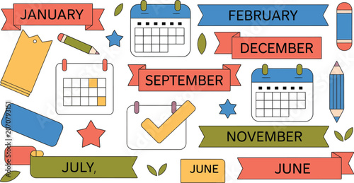 Calendar, and schedule icons set, planners monthly labels checkmarks pencils and organization symbols for productivity tools.