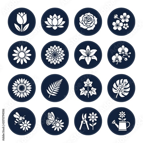Set of various floral design icons on dark blue round backgrounds.