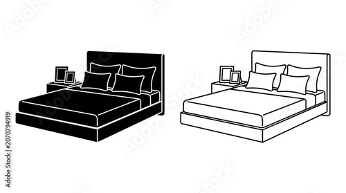 Tableau sur toile Bed Silhouette Set On White Background Minimalist Bedroom Furniture