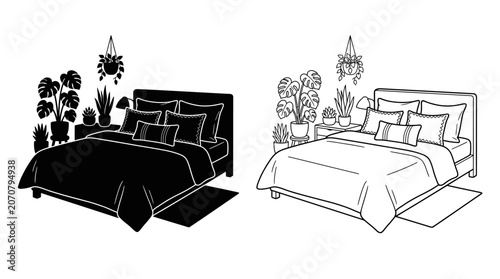 Foto Bedroom scene with bed plants and nightstand in black and white line art