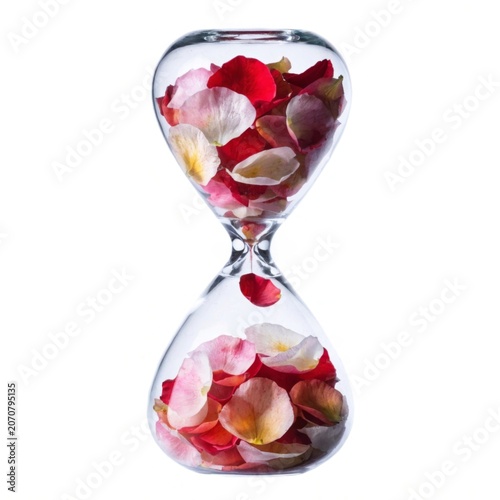 A stunning crystal hourglass showcasing vibrant flower petals in place of sand with beautiful rose petals gently floating within the glass structure