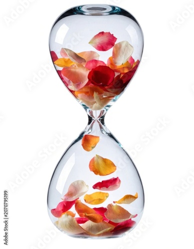 A stunning crystal hourglass showcasing vibrant flower petals in place of sand with beautiful rose petals gently floating within the glass structure