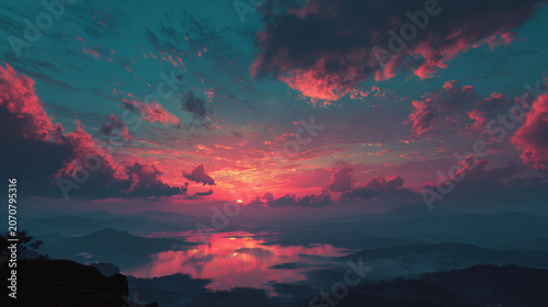 Sunset Sky Clouds Mountain Lake Fog Pink Reflection Nature Landscape Dramatic Scenic Calm Atmospheric