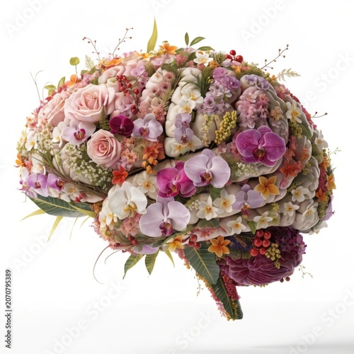 An exquisite human brain crafted from vibrant tropical flowers and lush green leaves adorned with delicate pink roses and elegant orchids in every detailed contour