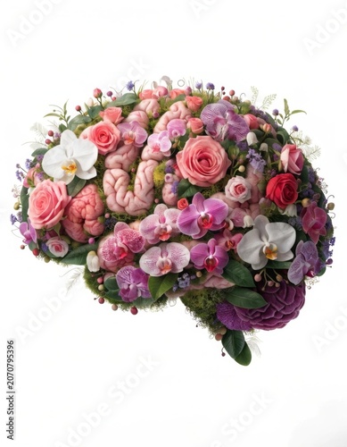 An exquisite human brain crafted from vibrant tropical flowers and lush green leaves adorned with delicate pink roses and elegant orchids in every detailed contour