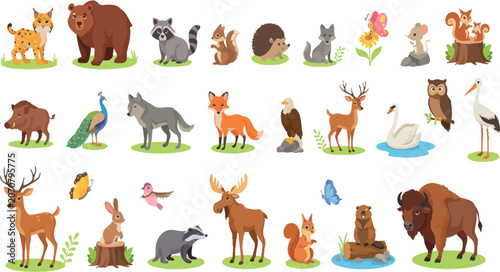 Canvas Print Large Collection of Cute Cartoon Forest and Wild Animals Icons Featuring Bear Fo