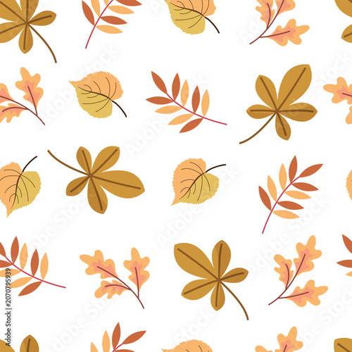 Seamless autumn leaves pattern featuring various fall foliage elements in warm orange, yellow, and brown tones.