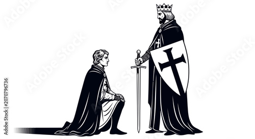 Photography A king wearing a crown presents a sword to a kneeling man in a cloak