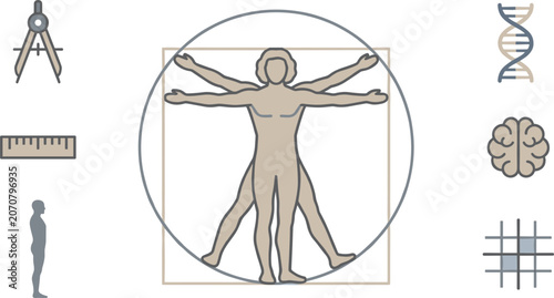 Foto Leonardo da vinci vitruvian man vector illustration with human anatomy dna brain