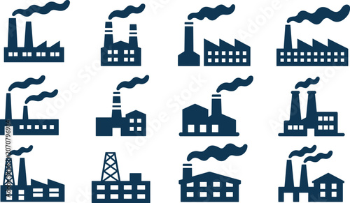 Industrial factory building icon vector set with smoking chimneys plant construction manufacturing structures and production warehouse elements
