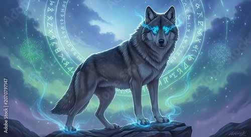 Mystical wolf standing on a rock with glowing blue eyes and northern lights isolated on white background