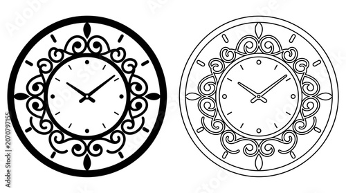 Slika na platnu Decorative wall clock with ornate floral design black and white line art
