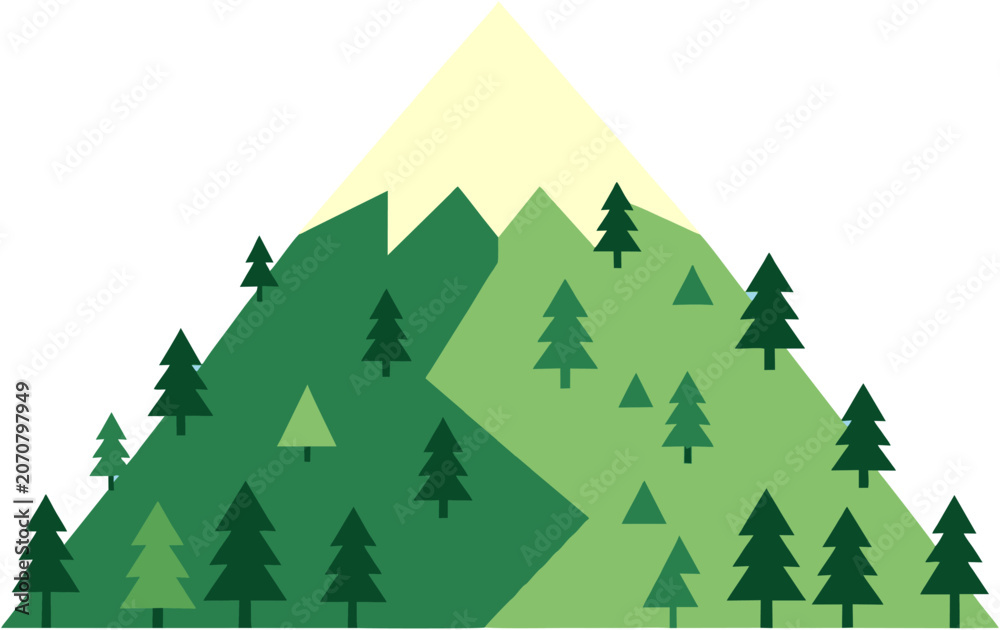 Obraz premium Flat Design Mountain Forest Landscape with Sunlight and Green Trees