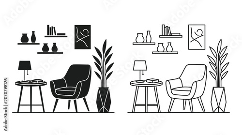 Obraz na plátně Living Room Scene Black And White Line Art Illustration
