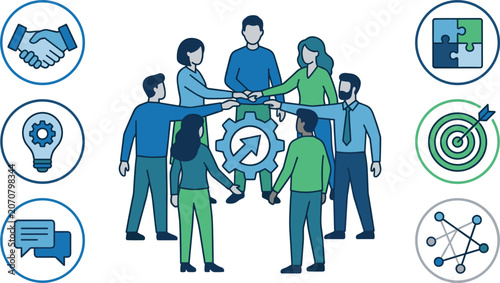 Fotografie Business teamwork collaboration vector icon set with people joining hands gear p