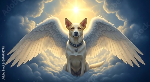 A serene angelic dog with wings soaring through a cloudy sky with a bright sun. isolated on white background