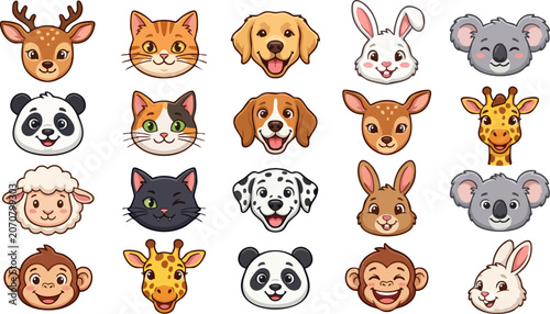 Photography Set of cute cartoon animal faces with happy expressions Vector